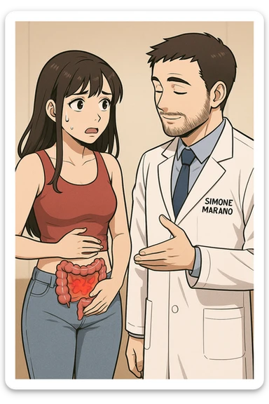 prendi spunto da questo stile di disegno e fai un webtoon/manga a colori con questo nutrizionista in camice bianco (fagli la scritta "SIMONE MARANO" SUL CAMICE) in piedi CHE PARLA CON UNA RAGAZZA in piedi accanto a lui. la ragazza GLI chiede UNA COSA preoccupata mentre si tocca la pancia e ha un intestino umano infiammato sulla pancia, e IL NUTRIZIONISTA CON IL CAMICE BIANCO le risponde mentre annuisce. la ragazza falla mora, con top rosso e jeans chiari, NON FARE I FUMETTI, FAI SOLO LORO COME SE DIALOGASSERO, falli a figura intera. la ragazza falla a sinistra e il nutrizionista a destra sticker