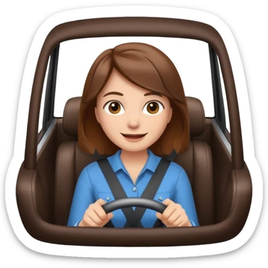 Brown hair woman driving car. Happy face sticker
