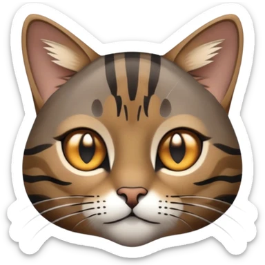 cinematic-noble-grey-and-black-brown-tabby-cat-portrait-emoji,-head-tilted-slightly-with-a-dramatic,-sleek-grey-brown-fur-with-dark-black-tabby-stripes,-sparkling-amber-eyes-barely-open,-simplified-yet-irresistibl sticker