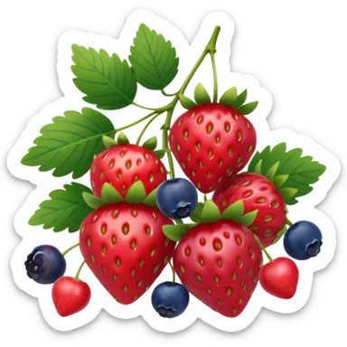 small cluster of mixed berries: strawberries with green tops, raspberries, red currants on a stem, and blueberries, realistic, 3D, no faces, no bowl, transparent background sticker