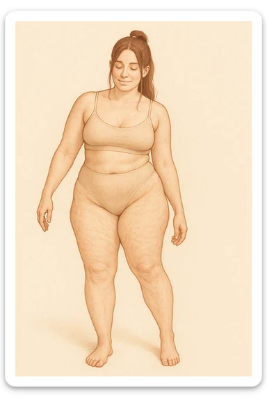 Realistic anatomical illustration of a woman with mild hip asymmetry, water retention, and cellulite, viewed in a soft, educational, body-positive way. sticker