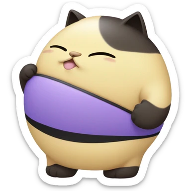a 300 thousand kilogram weighting human kitty, with fur coloured one side light yellow and the other side light purple wearing black with blue stripe bikini being immobile, and grumpily happy while touching her massive belly on the floor sticker