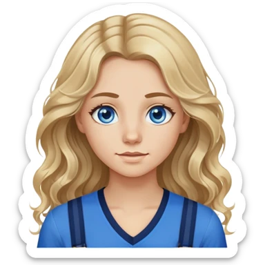 Realistic portrait of a girl with bright blue eyes long wavy dirty blond hair with blond highlights a navy blue v neck long sleeve shirt and blue braces sticker