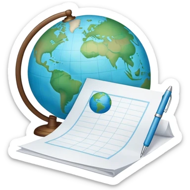Create an emoji representing language translation. The design should feature just one globe in the background, symbolizing international communication. In front of the globe, place two books or sheets of paper with texs on them and a pen nearby to indicate the act of writing. Use a clean and professional color palette with blues, greens, and neutral tones. Make the background transparent. sticker