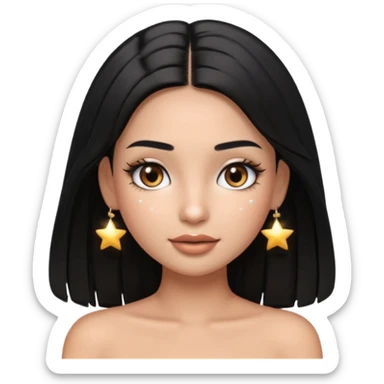 pretty cartoon girl, semi-realistic 3D emoji style, long middle parted straight black hair, tan skin, brown eyes, long eyelashes, soft glam makeup, glossy lips, smooth skin, cute aesthetic, sparkles in hair, white tube top sticker