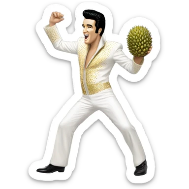 Elvis Presley wearing a white and gold jumpsuit with black shoes in a dancing pose, A hand holding a large durian sticker
