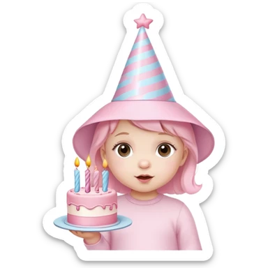 cute baby girl with pastel pink birthday hat and pink birthday cake sticker