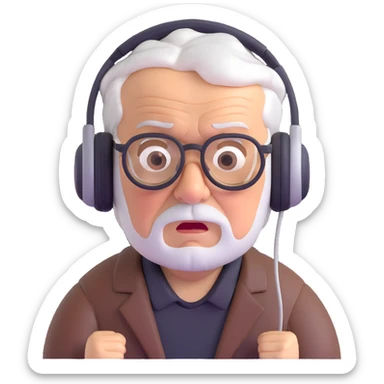 Brown old man with medium white hair, wearing glasses and headphones, looking surprised and angry, no facial hair, chubby, looking to the upper left corner sticker