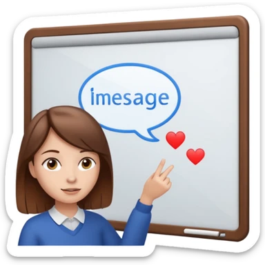 Make an emoji of a girl (no glasses) with brown hair who is teaching how to use iMessage on a board sticker