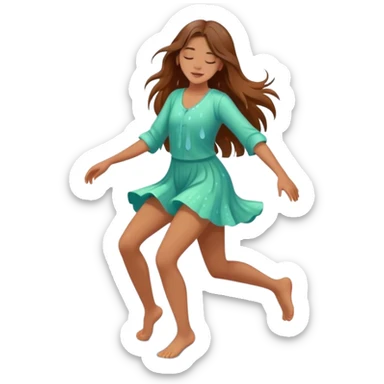 Girl with long brown hair dancing barefoot in the rain with closed eyes spring colors cartoon style elegant romantic love life raindrops in the background  sticker