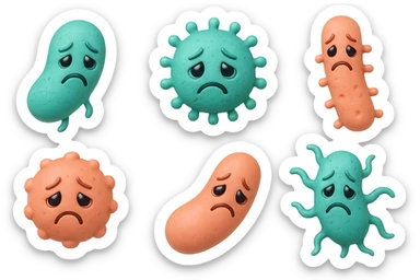 EMOJI STILE IPHONE DI 3 BATTERI INTESTINALI di forme diverse turchesi tristi e 3 batteri intestinali rosa salmone tristi CHE FLUTTUANO IN ARIA IPERREALISTICO 4K sticker