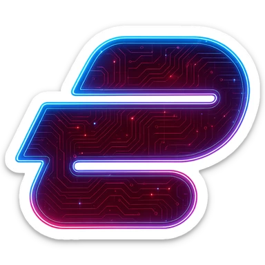 Transform the ExpressVPN logo into a cyberpunk, holographic style with glowing neon red, blue, and pink edges. Add intricate circuit patterns throughout the entire icon while maintaining the recognizable ExpressVPN logo shape. Keep the main color red and overlay neon and circuit effects in a futuristic, clean style consistent with cyberpunk glow and intricate circuit details. The background should be transparent. sticker