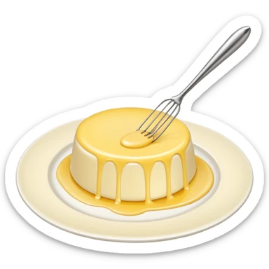 Generate a high-quality image of a dollop of yellow cream on a white plate with a metal whisk placed beside it, realistic color and shading, smooth gradient colors, no facial features, no brand markings, simple white background, high-resolution.
 sticker