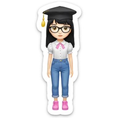 A yellow-skinned girl with long straight black hair, flat bangs, black frame glasses, a white puffy sleeve doll shirt, blue jeans and pink shoes, and a black painter's hat，no yellow spikes. sticker