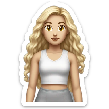 hyperrealist caucasian girl, long straight blonde hair, white v-neck laced crop tanktop, grey tight micro skirt, sneakers sticker