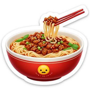 Sichuan Dan Dan Noodles with red chili oil and minced pork, simplified emoji style with bold outlines and bright colors, cartoon style spicy Chengdu street food sticker
