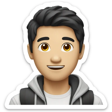 Asian man with black hair, college student holding a laptop sticker