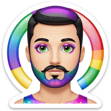 White man with black short hair and short black goatee circle-beard, very gay very glitter very rainbow add nail polish and makeup and lashes sticker
