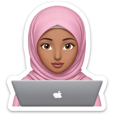 Medium brown skin woman wearing light pink hijab with natural makeup, long eyelashes and lip gloss working behind laptop sticker