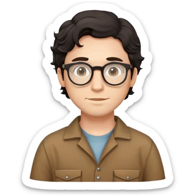 Young caucasian man with black wavy hair, round glasses, wearing brown carpenter outfit with shirt underneath sticker