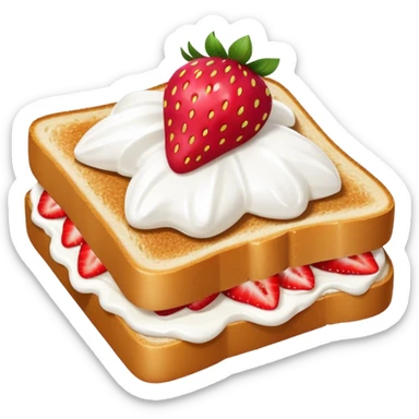 square toast topped with fluffy white cream, decorated with a strawberry bow made from two strawberry halves and a small sliced center, bright red and glossy sticker