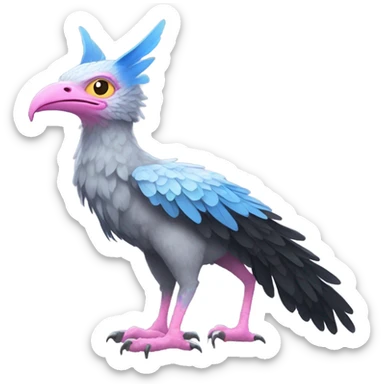 Trico The Last Guardian Quadrupedal Creature With Blue Horns, Grey feather Wings, And long tufted tail, black muzzle, pink scaly bird legs sticker