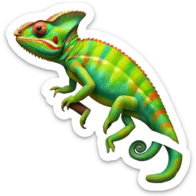 Giant Chameleon blending into natural surroundings, perched on a branch. Its vibrant colors shift with the environment. Lush greenery, branches, and soft sunlight create a peaceful, nature-filled background. Transparent background, showcasing the chameleon's colorful, textured skin. sticker