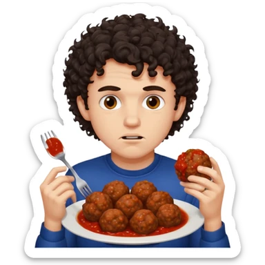 Ragazzo di 20 anni con capelli ricci scuri, leggermente arrabbiato che mangia 2 polpette  sticker