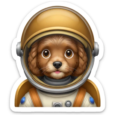 Brown cockapoo wearing a space helmet sticker