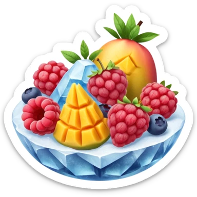 frozen mixed fruits cluster with raspberries, blueberries, mango cubes, and strawberry slices, frosty with thin ice crystals, muted colors, plump and natural shapes, clean 3D rendering, soft lighting, subtle shadows, transparent background, emoji scale, optimized for clarity and frosty texture sticker