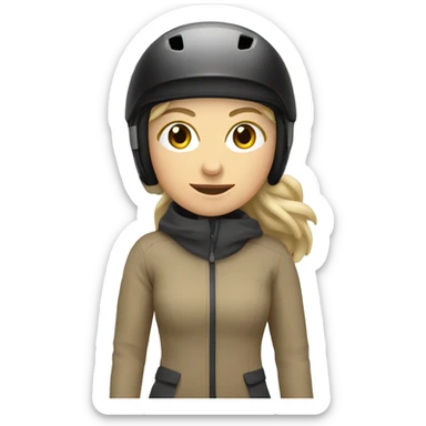 white WOMAN skiing wearing an TAN JACKET and a GREY HELMET and wearing BLACK PANTS sticker