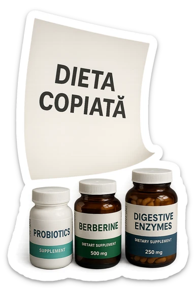 FOGLIO DI CARTA FLUTTUA IN ARIA CON LA SCRITTA "DIETA COPIATA", INSIEME A BARATTOLI DI INTEGRATORI PER CURARE IL SIBO, IPERREALISTICO 4K, NON DISEGNATO sticker