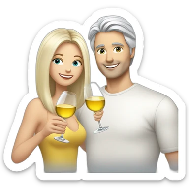 A white woman with brown eyes and blond medium long hair and a white man with blue eyes and grey hair, toasting with a glass of white wine sticker