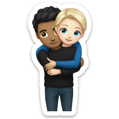 dark Blonde girl with blue eyes in black sweater and an east asian with light skin man with black hair and black eyes hugging sticker