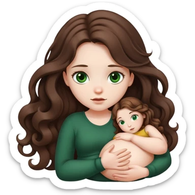 Girl with curled brown long length hair and very dark green eyes with belly ache sticker
