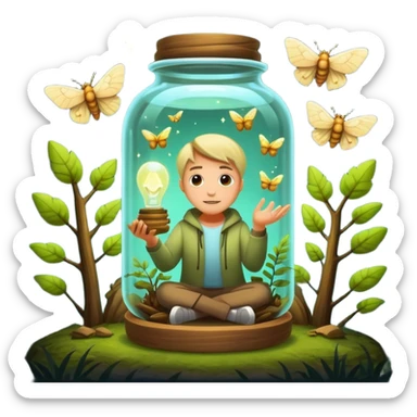 forest mystic character catching glowing idea moth in jar sticker
