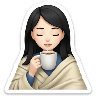 Pale girl with black hair inside a blanket sipping coffee eyes closed sticker