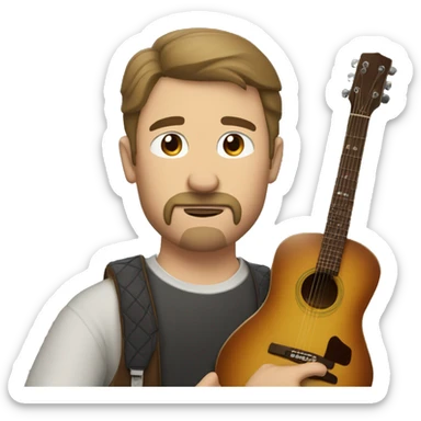 White man with brown mustache and brown little goatee with big brown straight hair and hunched over with a guitar sticker