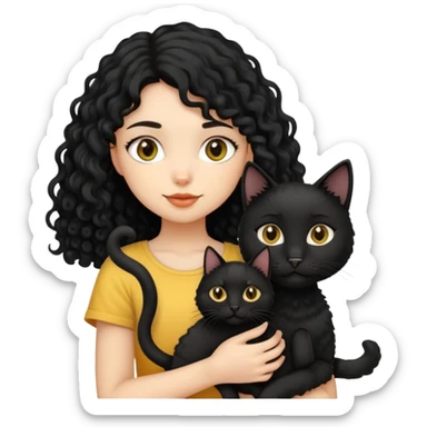 A black long-haired girl holding a black cat, a yellow short-haired cat and a curly-haired dog sticker
