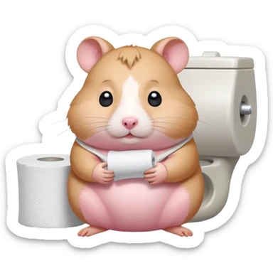 Cute chubby cartoon-style hamster sitting on toilet holding toilet paper looking as if he had an accident, sticker-style illustration sticker