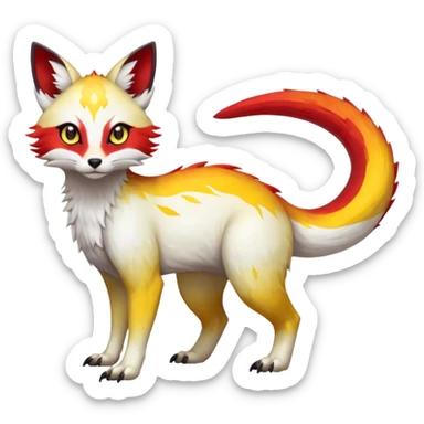  Hyper-realistic oily smooth silky soft White white with red gradients, and yellow slit eyes markings beautiful handsome gorgeous aesthetic colorful vibrant Vernid-Trico-species-Fakemon-creature by LiLaiRa, 4 legs, 1 tail, random markings, (full body) sticker