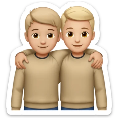 Two cartoon-style 2 boys with similar features, arms around each other's shoulders, smiling, matching outfits, standing close, white background, emoji style sticker
