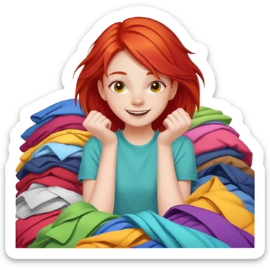 cheerful teen girl with red hair and pile of clothes sticker