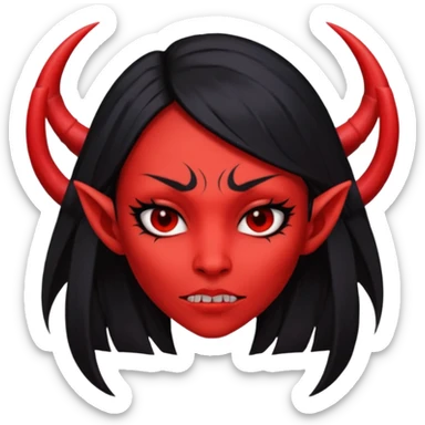 Head only demon girl; face with pronounced cheekbones and angular jaw; skin is uniform pure red (#FF0000) everywhere; long straight smooth black hair; small horns sticker