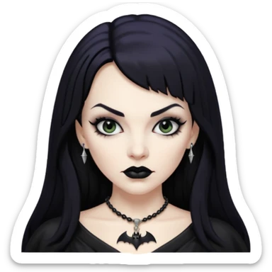 vampira mulher branca com cabelo preto longo com franja acima da sobrancelha e lábios com batom preto com colar preto e pingente de morcego preto sticker