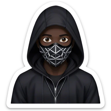 man with black hooded jacket and a only black full-face geometric mask sticker