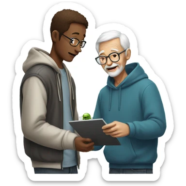 Young man with hoodie helping old man to learn how to use artificial intelligence  sticker