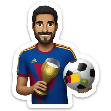 Jon Aramburu wearing Venezuela red wine adidas t-shirt and holding FIFA world cup sticker