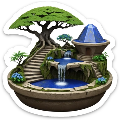 Alien saucer jungle-vines stairway fountain mountain-island landscape antique mudman very old broken cracked intricate Stone Age lapis-crusted irregular dodecagon-shaped shallow dark moss rough bark blue serissa flowered maple tree bonsai pot sticker