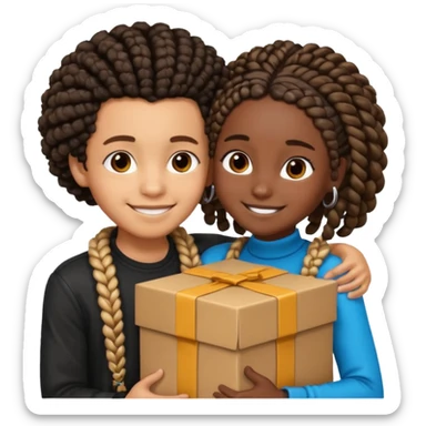 A lightskin with afro boy and dark skin girl with box braids hug sticker